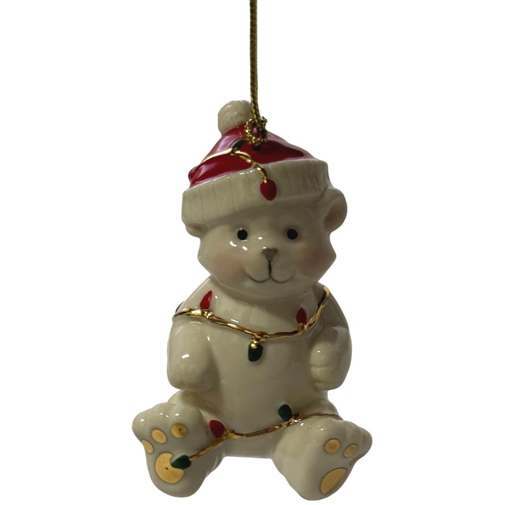 Lenox Tangled in Christmas lights Teddy Bear Red Hat Porcelain Ornament 3.5"H
